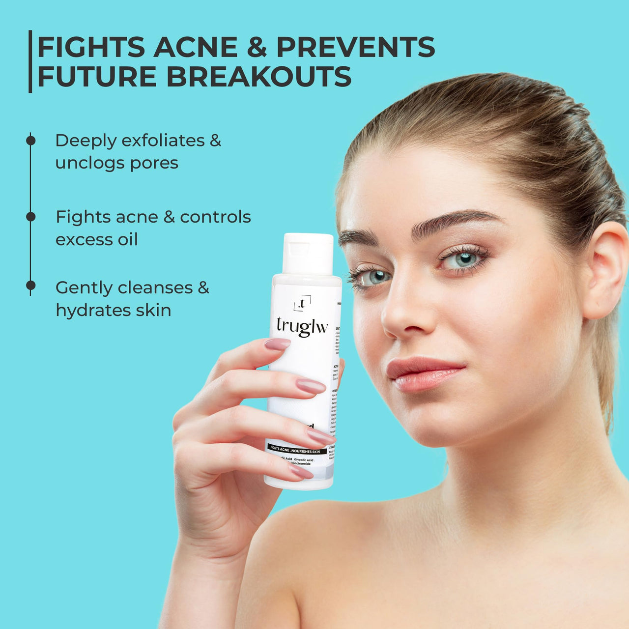 Truglw Acne Control Face Cleanser, Exfoliating Formula with 1% Salicylic Acid, Glycolic Acid, Vitamin C, Fights Breakouts, Soothes Inflammation, Brightens Skin, For Combination to Oily Skin Types - 100ml