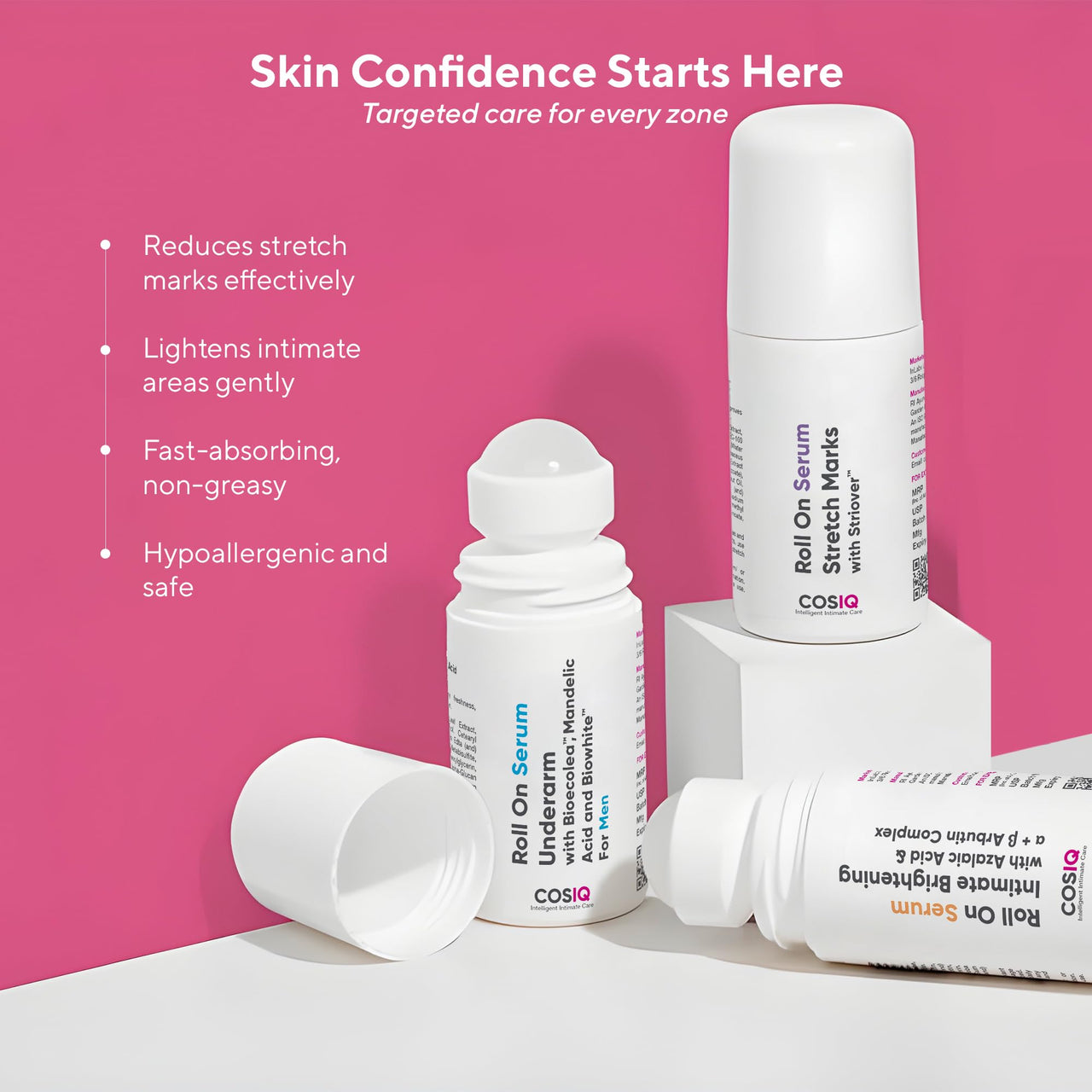 COS-IQ Roll-On Serum Set, Stretch Marks Removal, Underarm Care for Men, Intimate Brightening Serum (40ml Each, Pack of 3)