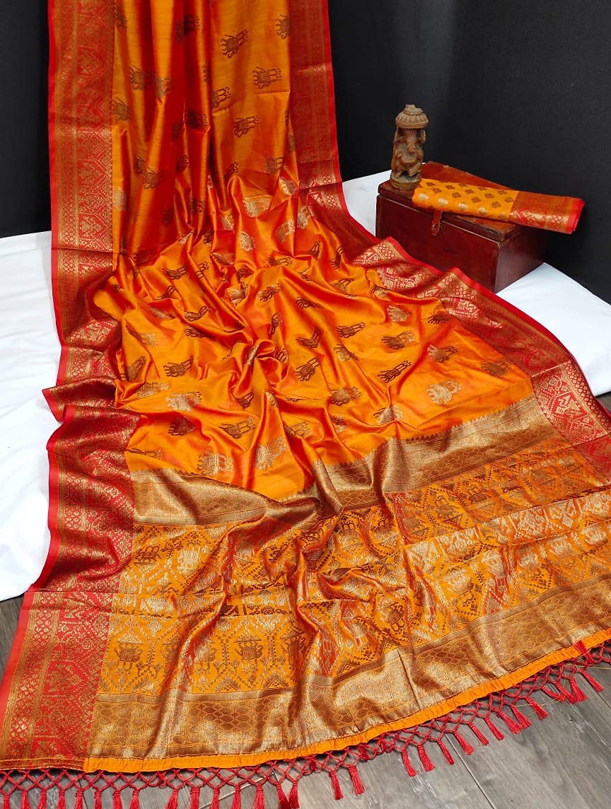 NK Textiles Women's  Elephant Motifs Woven Kanjivaram Ghicha Tussar Silk Saree with Fancy Tassels
