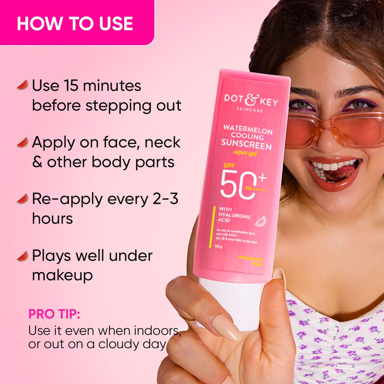 Dot & Key Watermelon Cooling Sunscreen SPF 50+ PA++++ | With Hyaluronic Acid, Instantly Cools Skin, Broad Spectrum Protection | Controls Excess Oil, Checks Tanning, No White Cast, All Skin Types | 50g