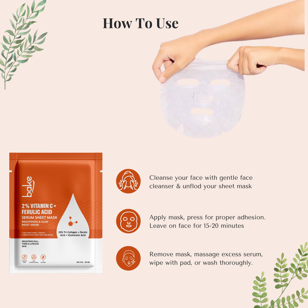 BAKE 2% Vitamin C + Ferulic Acid Serum Sheet Mask for Dark Circles, Spots & Pigmentation | Paraben Free, 100% Biodegradable | Brightening & Glow Effect