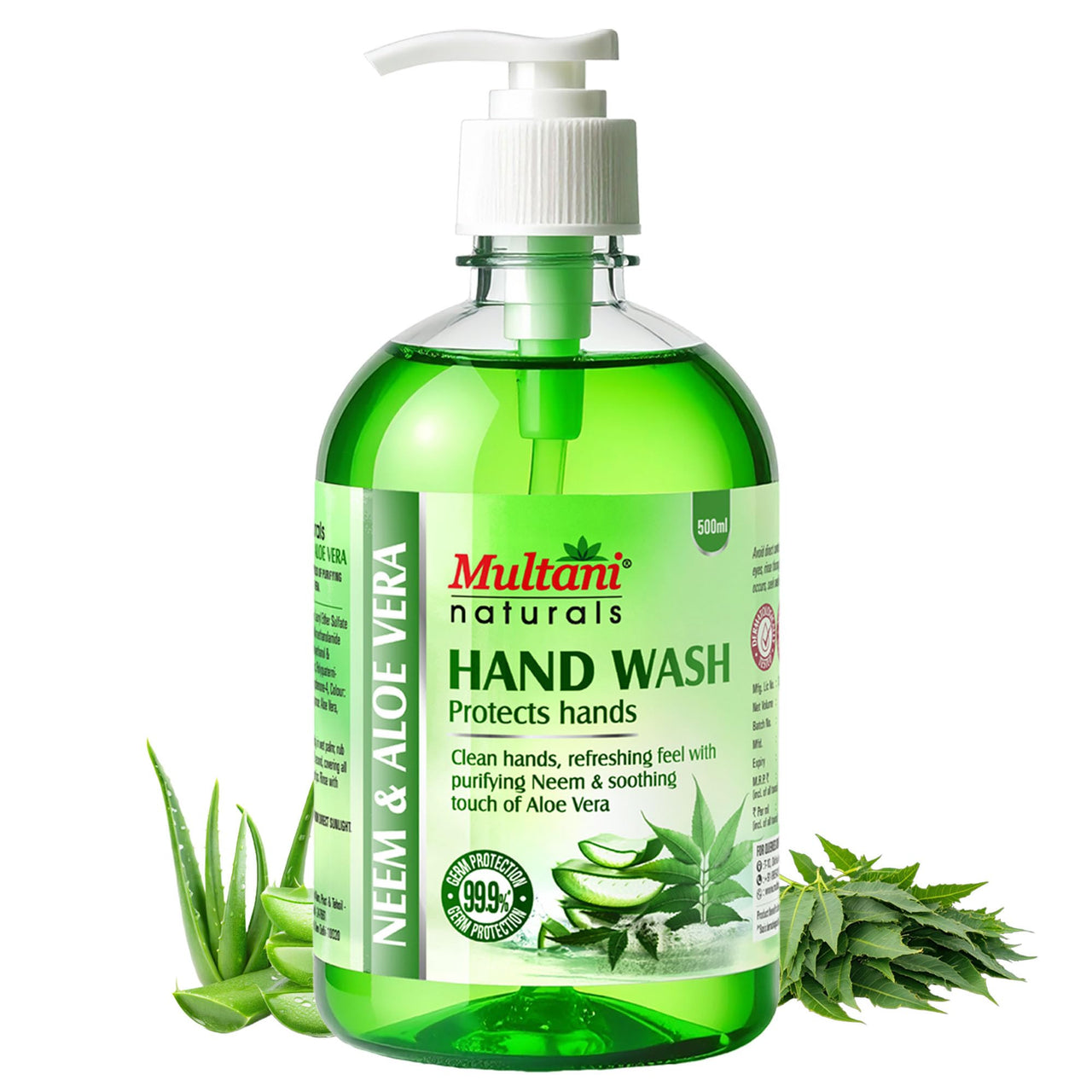 Multani Naturals Neem Aloe Vera Hand Wash 500ml | Gentle Hand Cleanser with Natural Ingredients | 99.9% Germ Protection Liquid Hand Wash