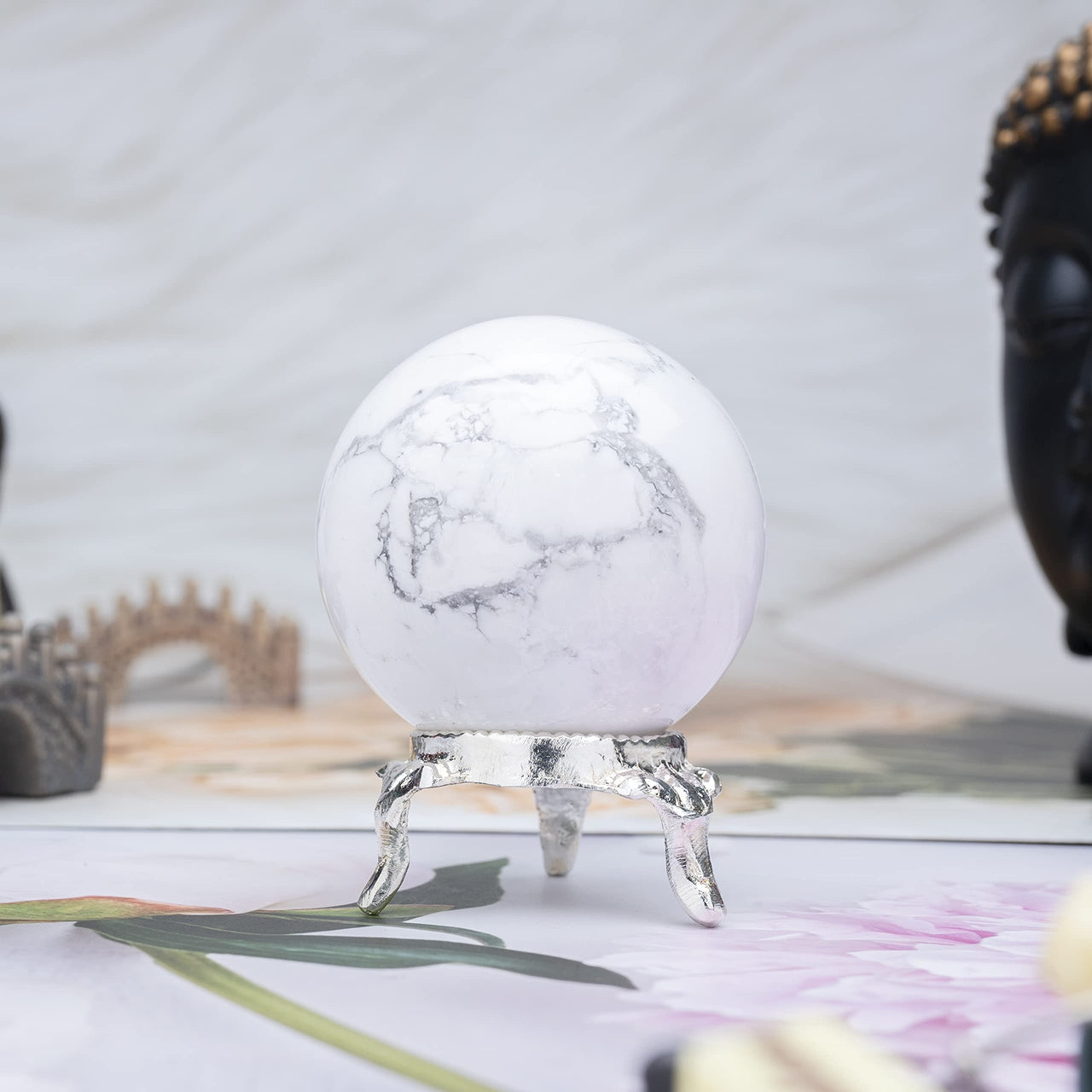 Howlite | Crystal Sphere Ball | Gemstone Ball with Stand | Natural Gemstone for Healing Crystals | Crystal Balls for Witchcraft | Chakra Balancing | Spiritual Gift Home Decor | Size :- 40-50 mm Howlite Crystal Ball