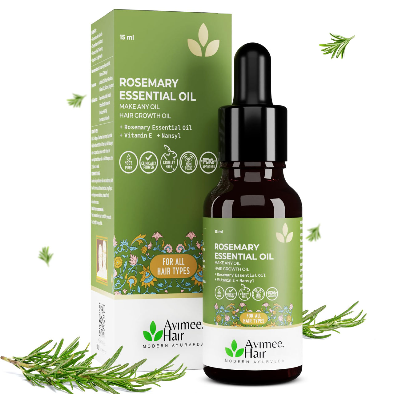 Avimee Herbal Rosemary Essential Hair Oil with Vit E & Nansyl | For Hair Growth & Hair Fall Control, Now Make Any Oil Hair Growth Oil | Clinically Approved Efficacy | 15ml