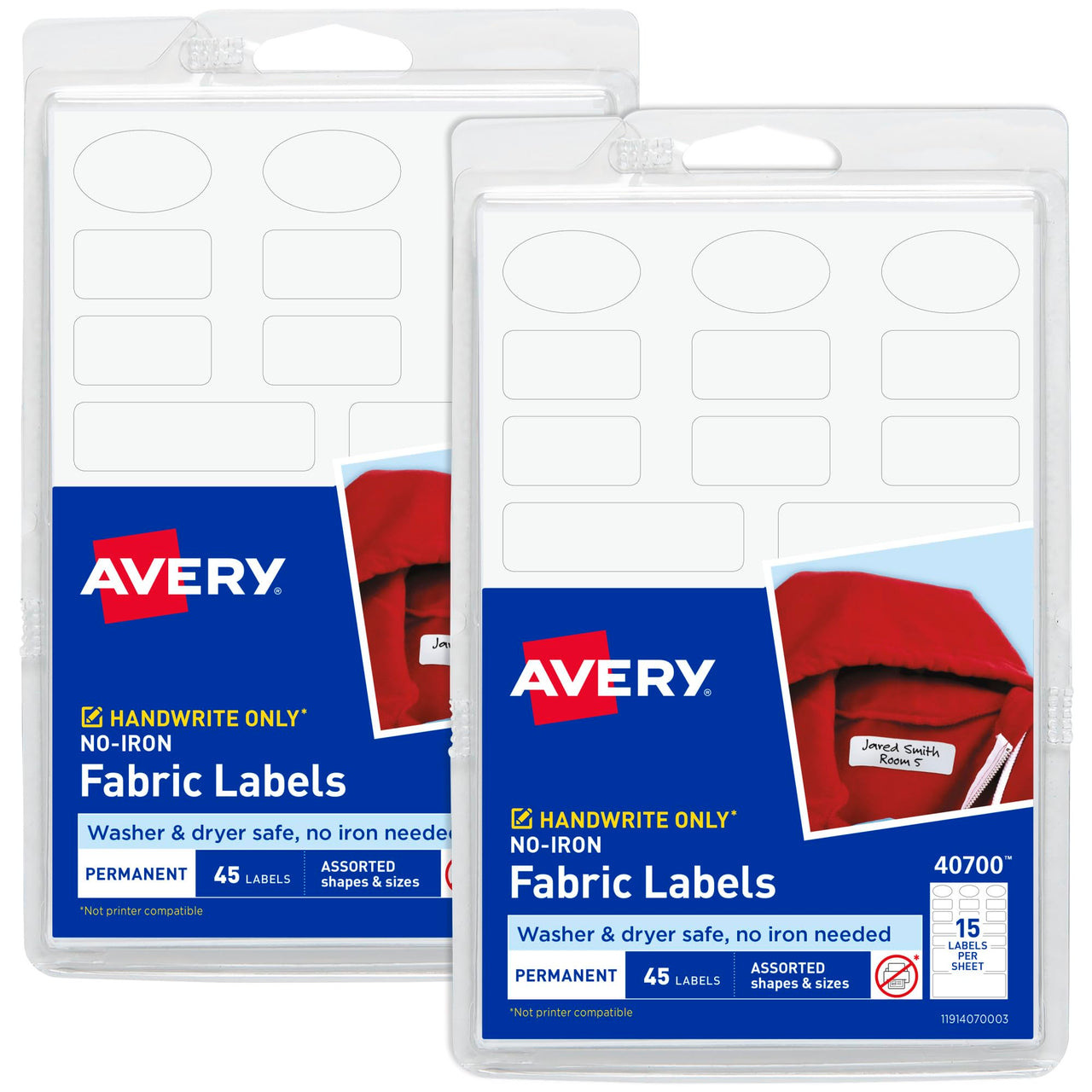 Avery No-Iron Fabric Labels, Assorted Shapes and Sizes, Washer and Dryer Safe, Non-Printable, 45 Labels Per Pack, 2-Pack, 90 Total (30700) 2 Pack Clothing Labels