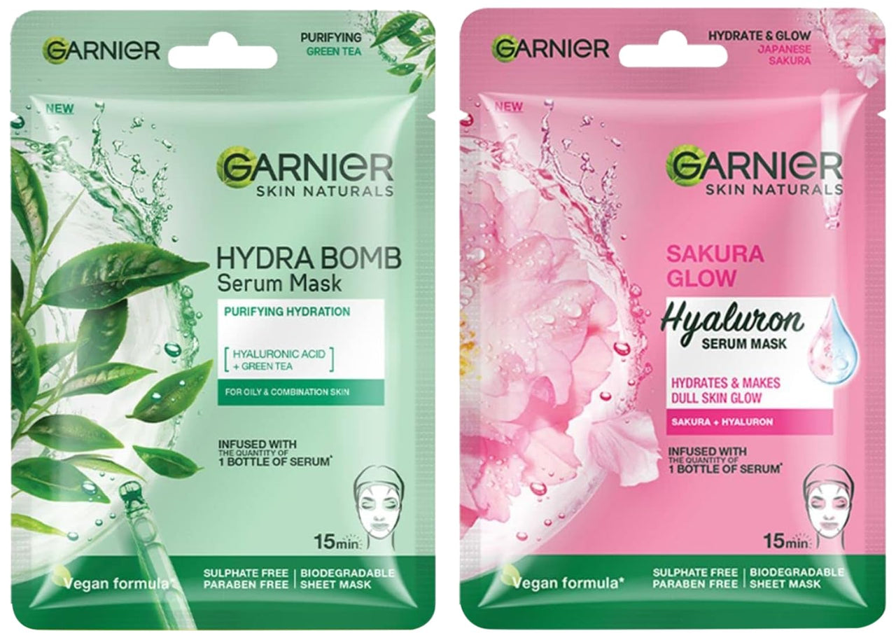 Garnier Skin Naturals, Green Tea, Face Serum Sheet Mask Green, 32g And Garnier Skin Naturals, Sakura White, Face Serum Sheet Mask (Pink, 32g)