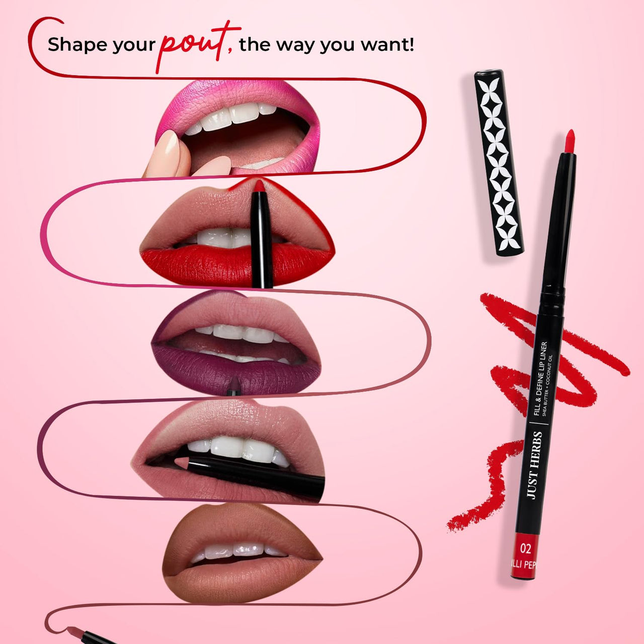 Just Herbs Fill & Define Lip Liner with Shea Butter and Coconut Oil Transfer Proof Long Lasting Creamy Matte Finish Lip Liner (Chilli Pepper, 0.3g)