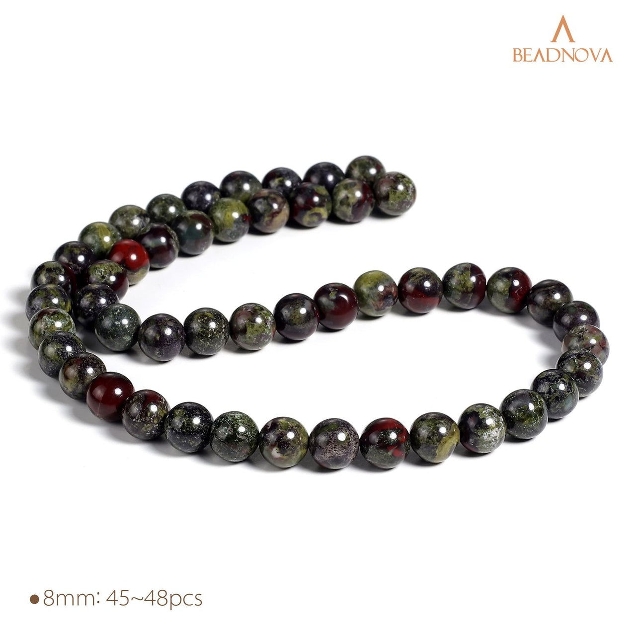BEADNOVA Natural Dragon Blood Jasper Beads Natural Crystal Beads Stone Gemstone Round Loose Energy Healing Beads with Free Crystal Stretch Cord for Jewelry Making (8mm, 45-48pcs) 8mm