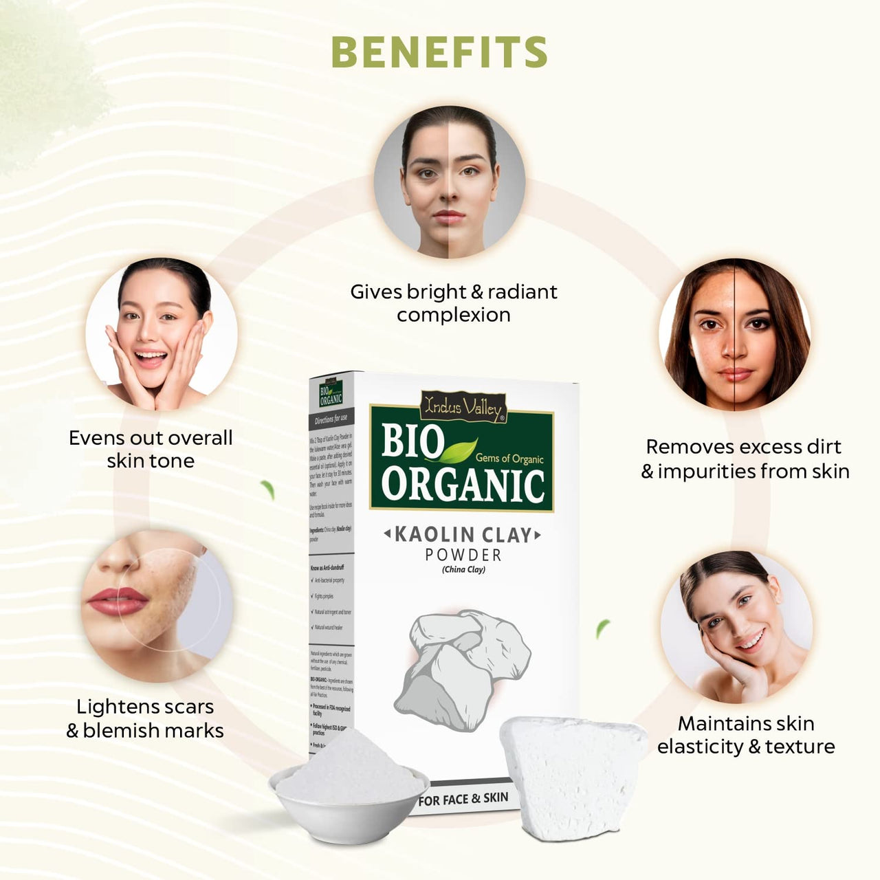 INDUS VALLEY Natural Kaolin Clay Powder | China clay - For Acne, Blackheads And For Glowing Skin 100g