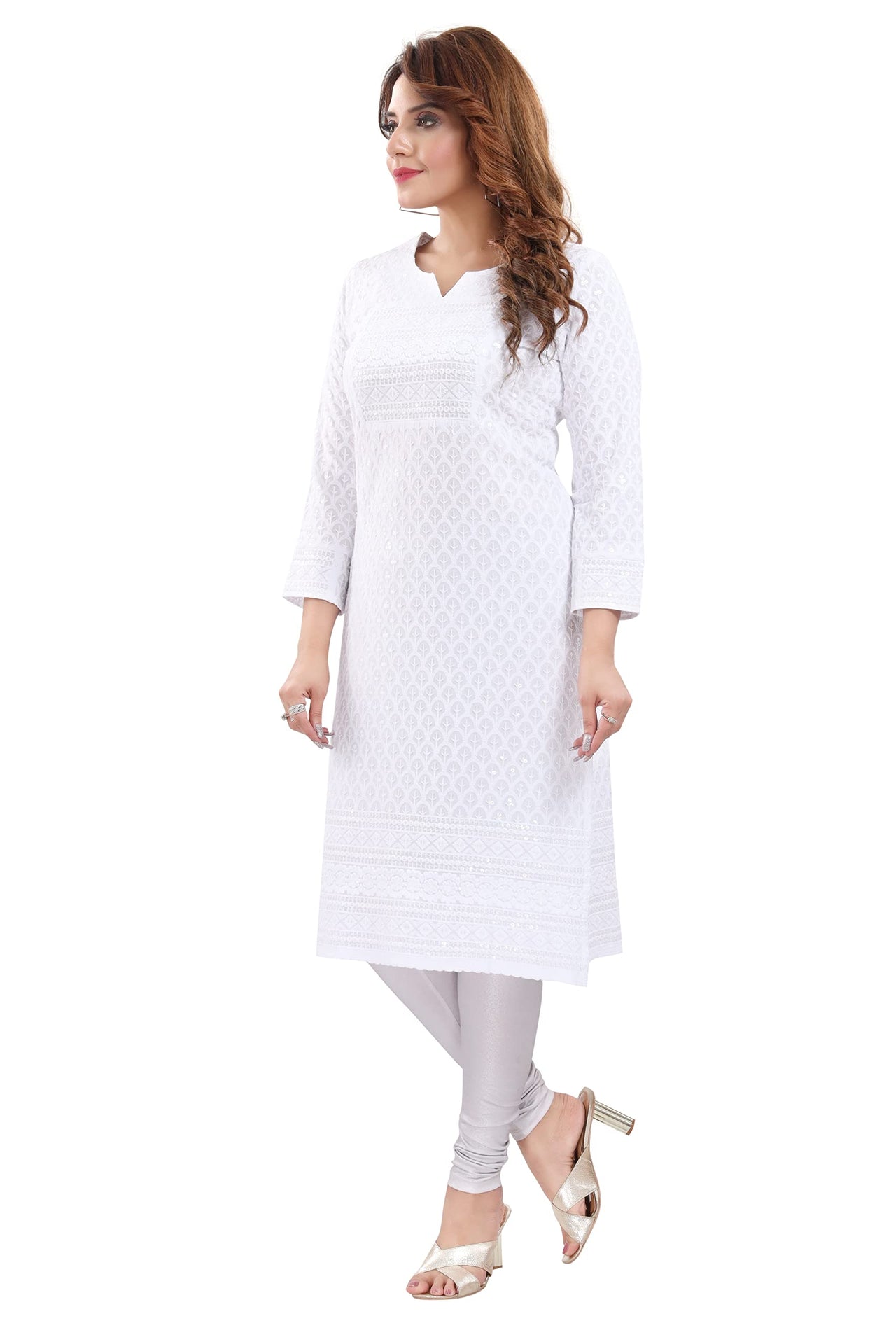 QUEEN SHIELD Women's  Knee Length Rayon Chikan-Kari KurtaKurti (QS_6631)