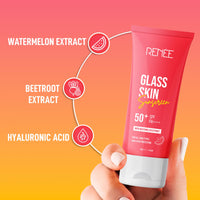 RENEE Glass Skin Gel Sunscreen SPF 50, UVA & UVB Protection, Lightweight, Hydrating & Non-Sticky, Zero White Cast, For Radiant, Supple Skin, Infused with Watermelon, Beetroot & Hyaluronic Acid 50gm