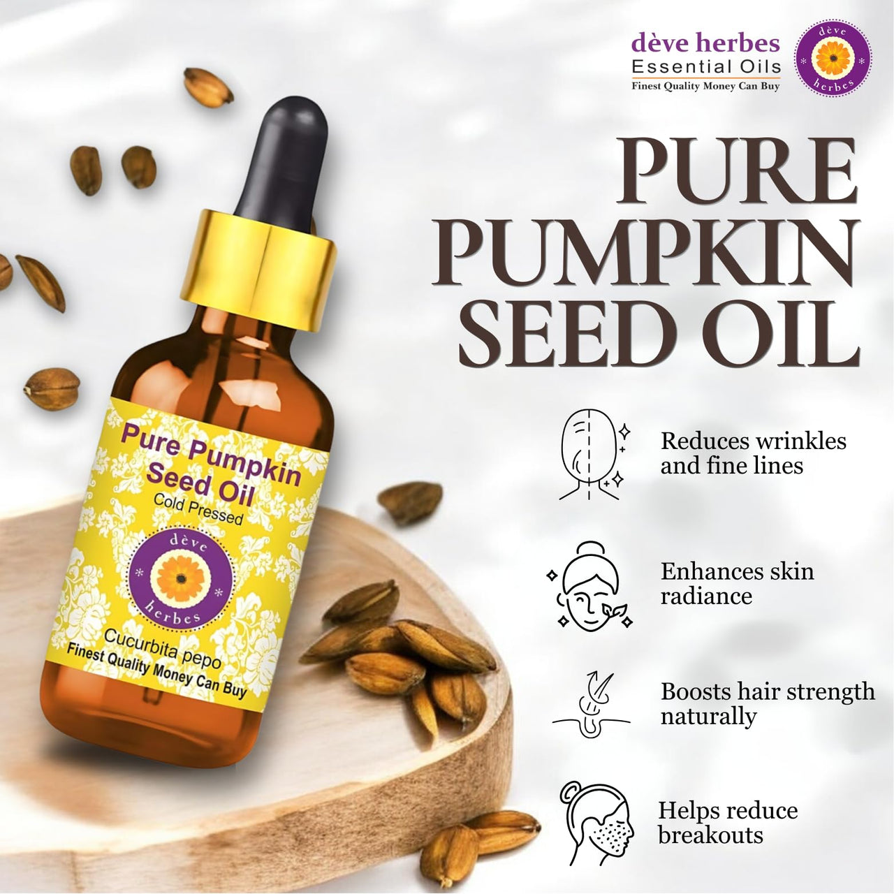 Deve Herbes Pure Pumpkin Seed Oil (Cucurbita pepo) with Glass Dropper | Cold Pressed | Natural | Undiluted | For Diluting Essential Oils | For Hair, Skin & Massage | Men & Women | 30ml