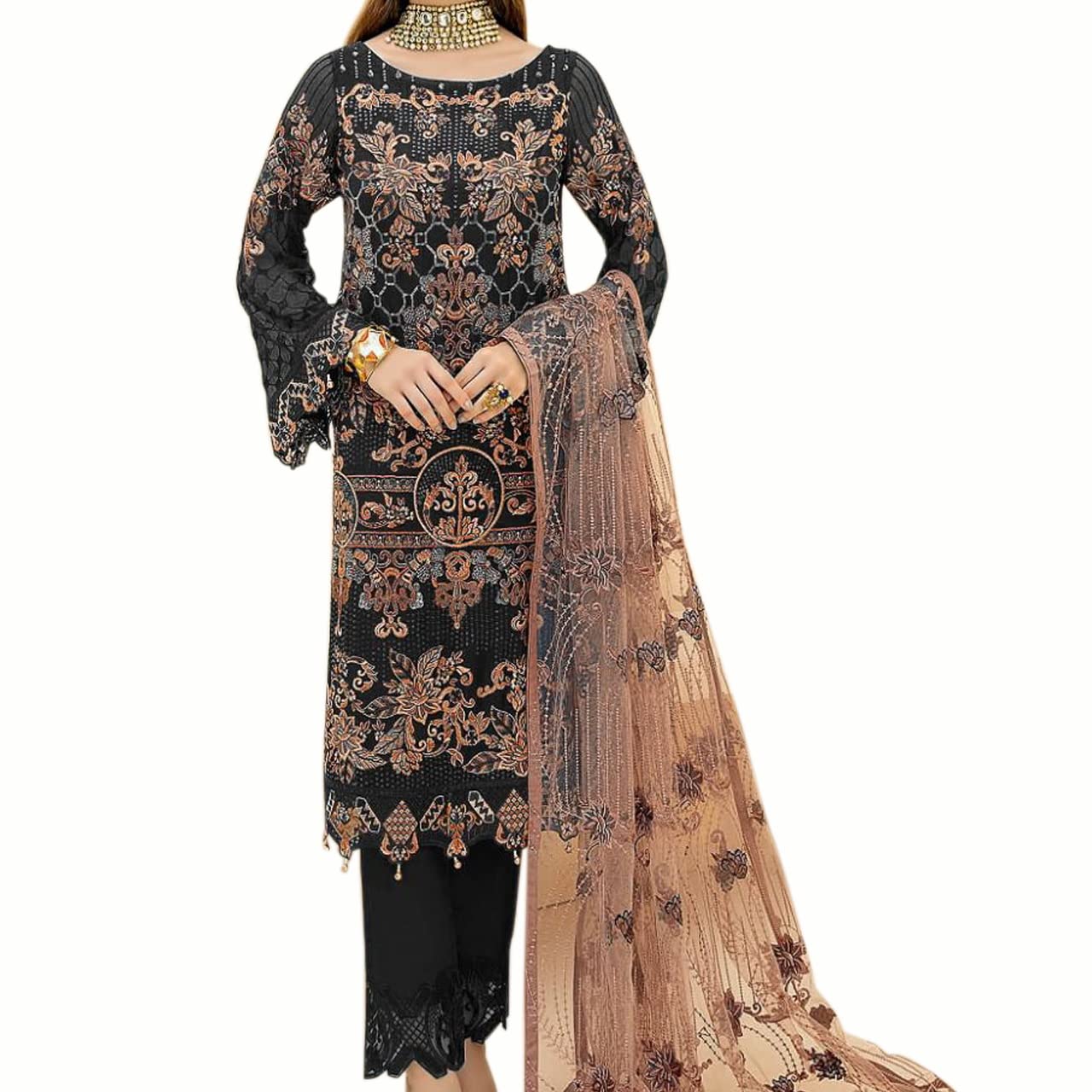 Miss Ethnik Women's  Faux Georgette Semi Stitched Top With Unstitched Santoon Bottom and Net Dupatta Embroidered Straight Top Dress Material (Pakistani Salwar Suit)