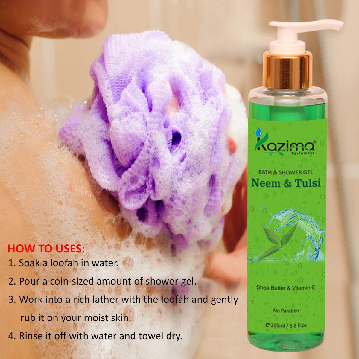 KAZIMA Neem & Tulsi Bath Shower Gel & Luxury Body Wash (200ML) with Shea Butter, Vitamin E, Aloe Vera, Rose, Lavender, Honey & Sandalwood (Free From Parabens)