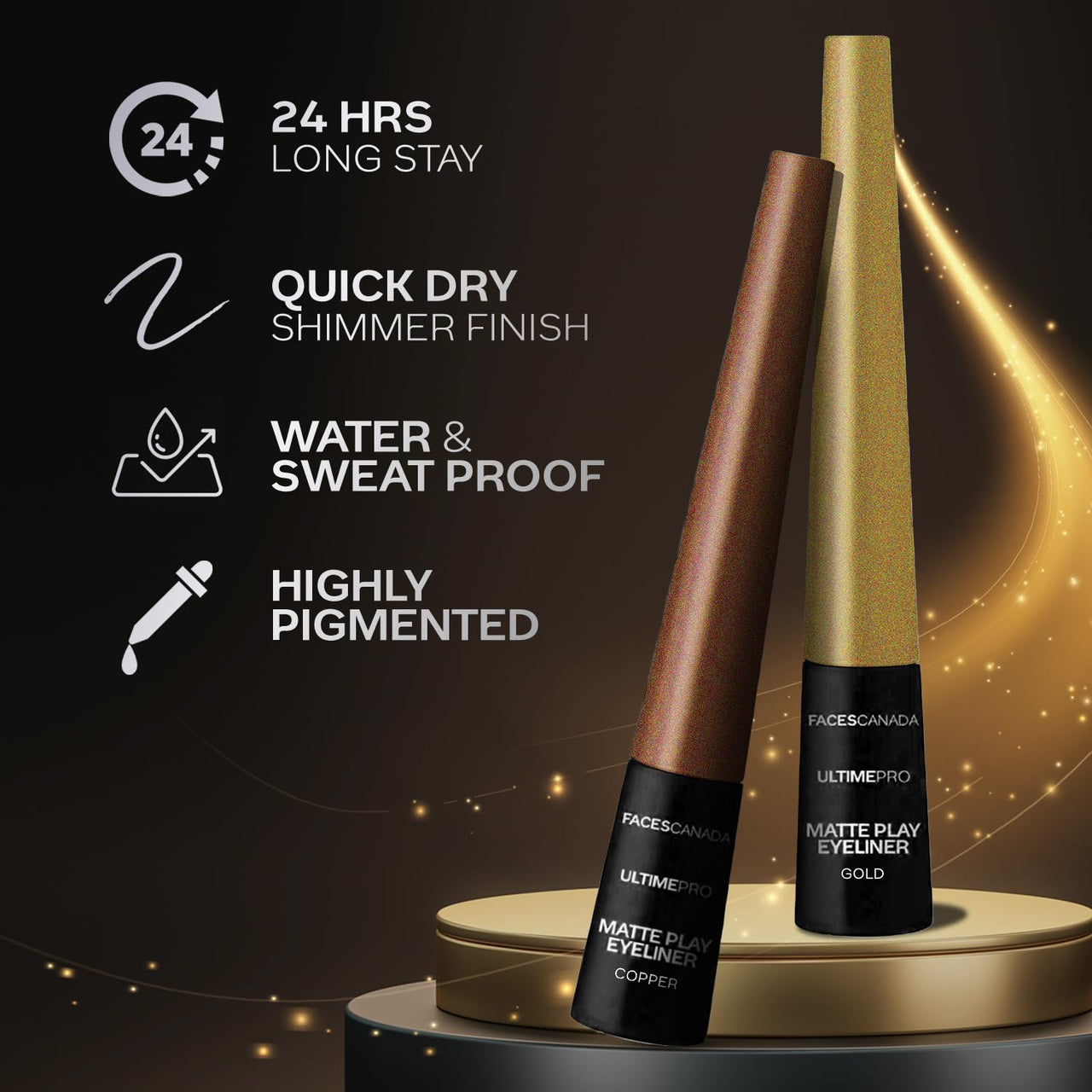 FACES CANADA Ultime Pro Matte Play Eyeliner - Gold, 2.5 ml | Quick Dry | Shimmer Finish | 24 Hr Long Lasting Formula | Precise Felt Tip | Highly Pigmented | Waterproof, Smudgeproof & Sweatproof