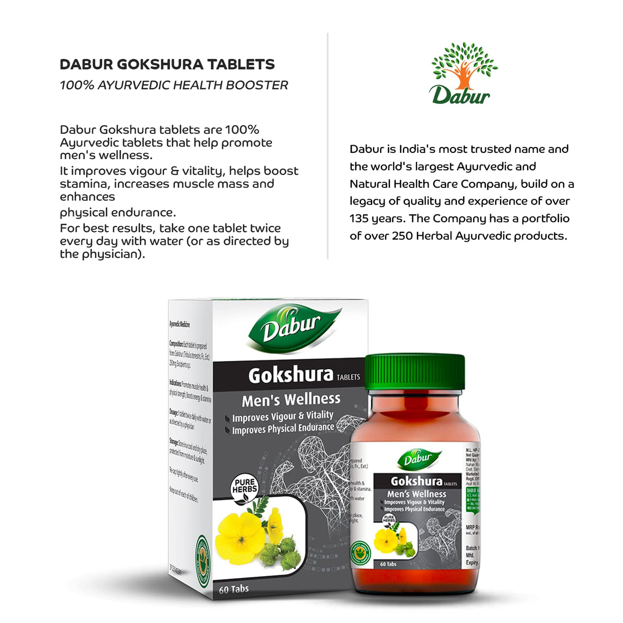 Dabur Gokshura Tablets - 60 Tablets | Boosts Vitality & Stamina | Supports Gut Health