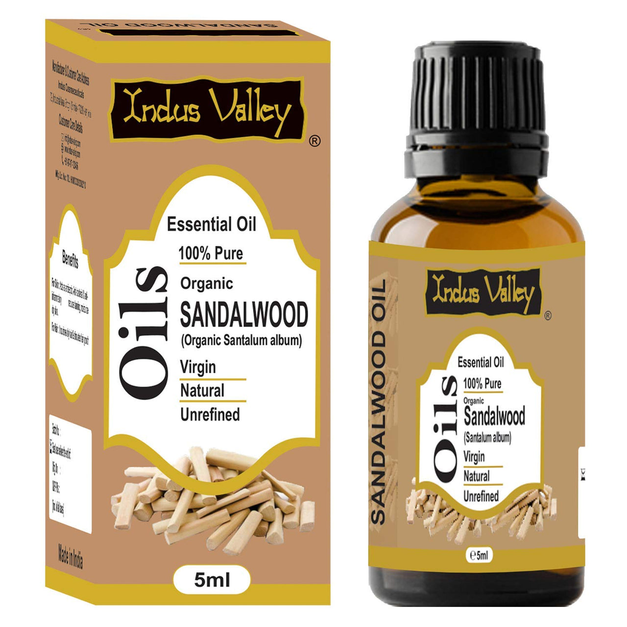 Indus Valley 100% Pure Natural & Organic, Undiluted Sandalwood (Chandan) Essential Oil for Skin, Hair Care - 5 ml