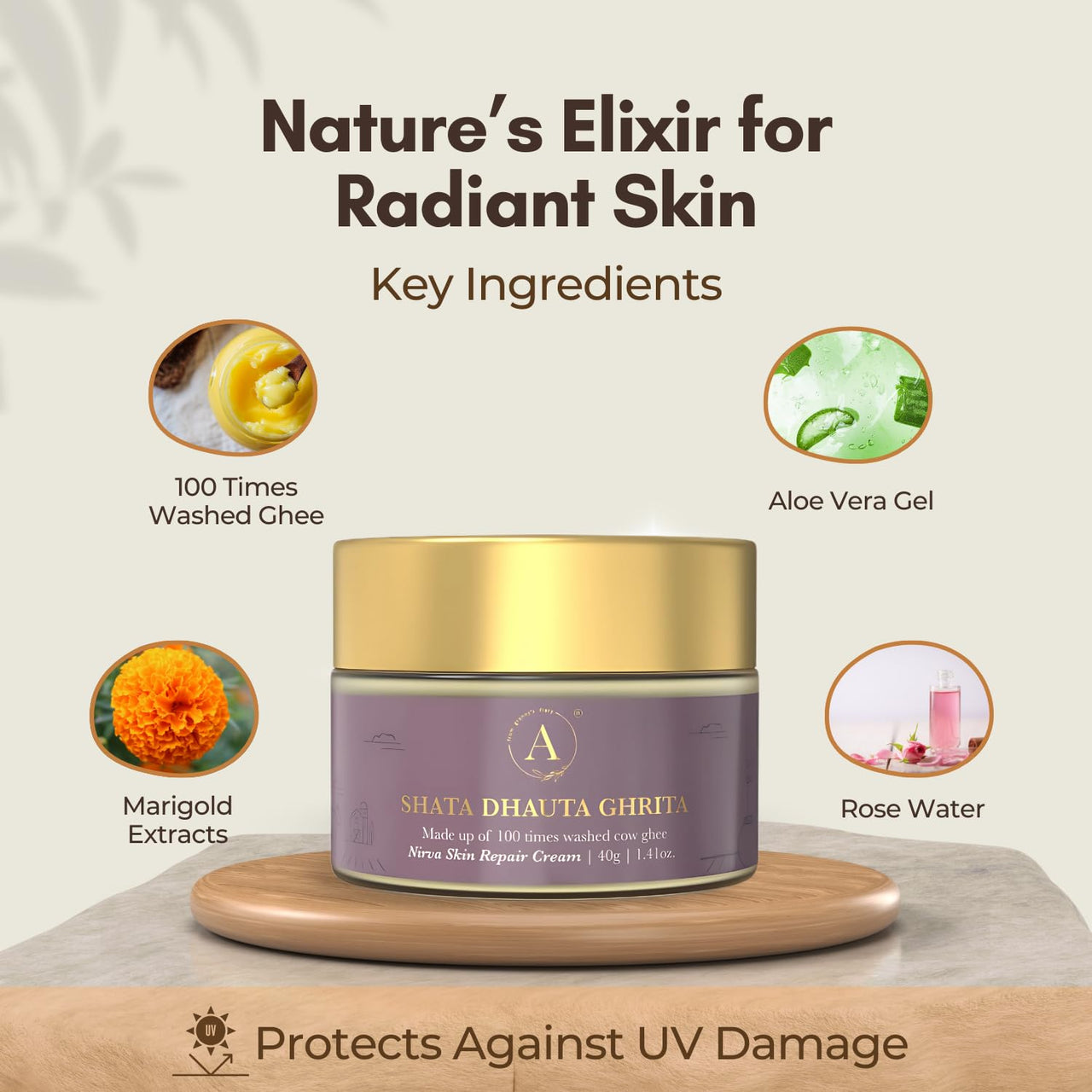 ADHYAY | Shata Dhauta Ghrita Skin Renewal Cream | Nourishing Hydrating & Age-Defying Ayurvedic Formula | Wrinkle Repair & Skincare | Infused with 100 times washed Cow Ghee & Marigold Extracts | 40gm