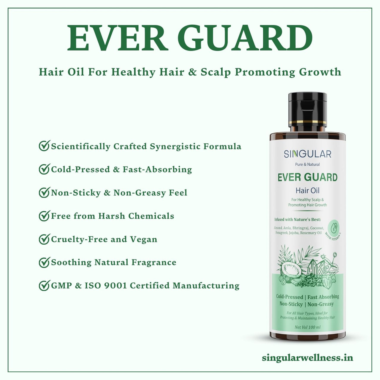 Singular Ever Guard Hair Oil for Men & Women | Hair Growth & Hair Fall Control | Cold-Pressed Blend of Argan, Almond, Bhringraj, Rosemary Oil & Vitamin E - 100 ml
