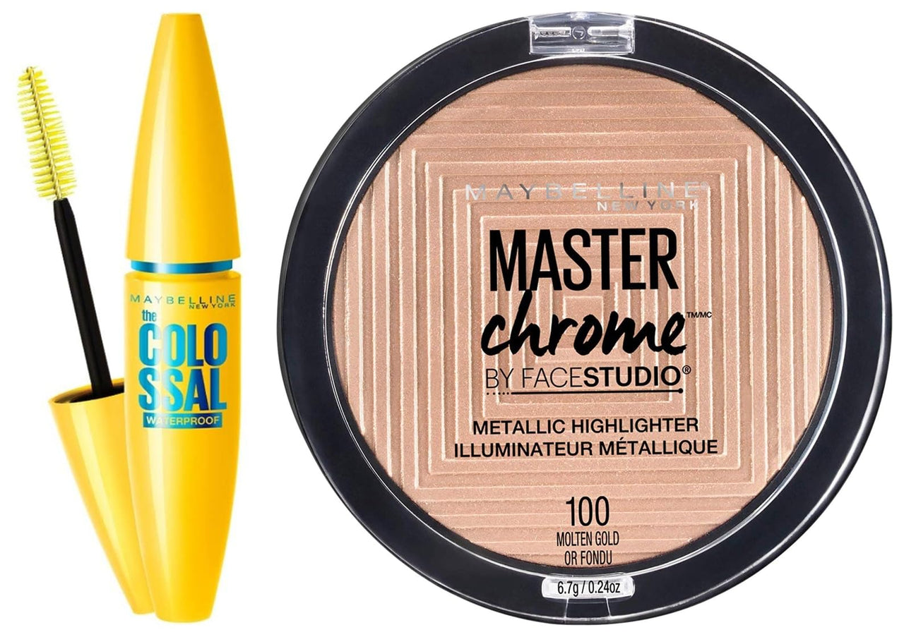 Maybelline New York Face Studio Master Chrome Metallic Highlighter, Molten Gold, 6.7g and Maybelline New York Volume Express Colossal Masacara, Waterproof, Black, 10ml