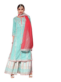 ishin Women's  Pure Cotton Green Embroidered A-Line Kurta Suit Set with Dupatta & Sharara
