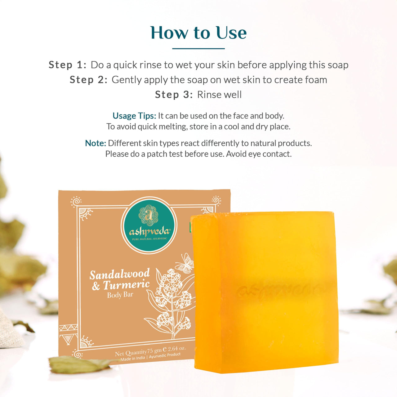 Ashpveda Sandalwood and Turmeric Soap for Bath | Ayurvedic Handmade Natural Scented Premium Bathing Soap for Glowing & Moisturizing Skin (75 gm) (Pack of 2)