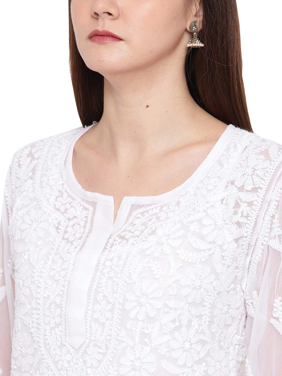 Ada Women's  Handcrafted Traditional Chikan Work Georgette Kurta with Slip A158876 White