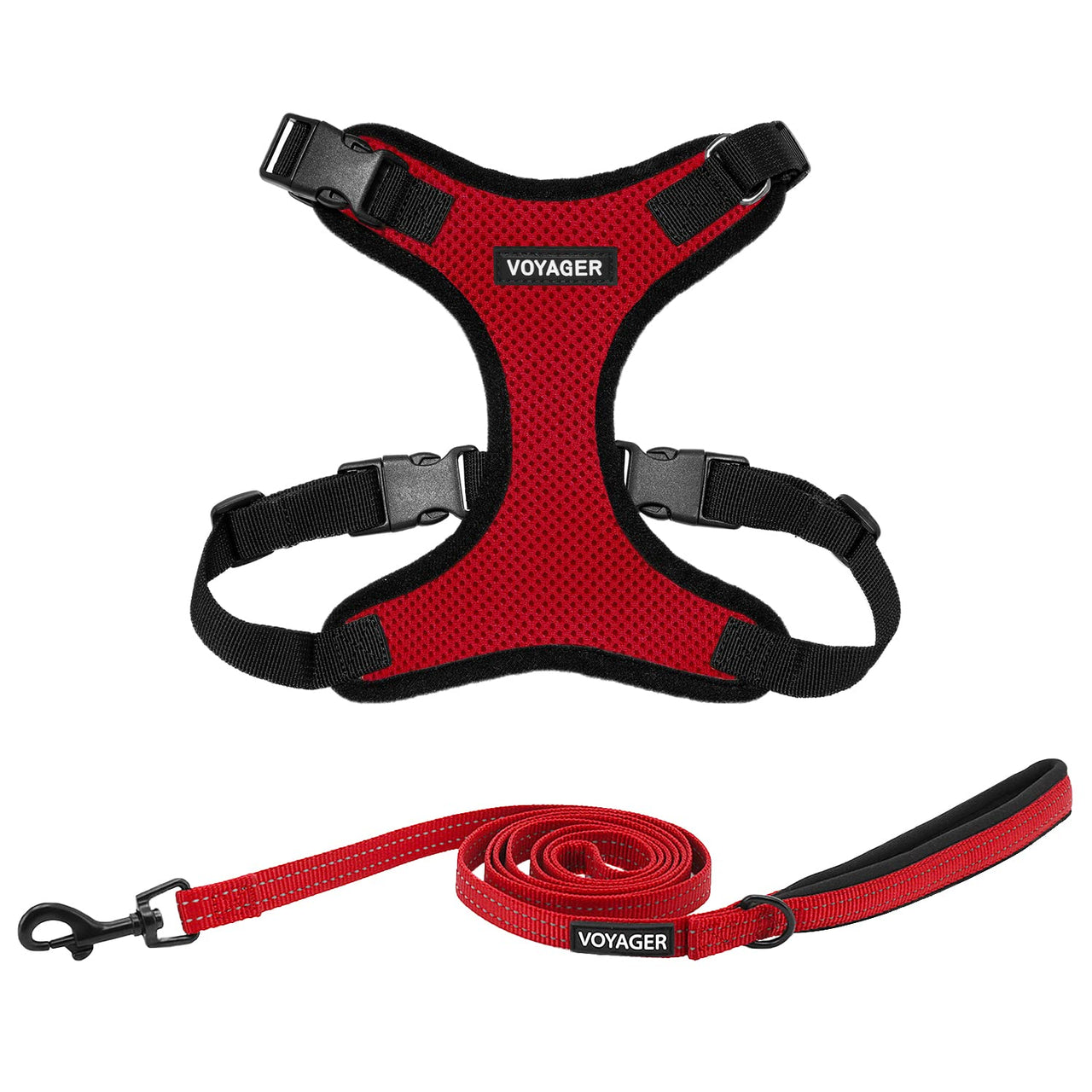 Voyager Step-in Lock Dog Harness w Reflective Dog Leash Combo Set with Neoprene Handle 5ft - Supports Small, Medium and Large Breed Puppies/Cats by Best Pet Supplies - Red/Black Trim, XS Harness Leash Set (Red/Black Trim) XS (Chest: 13 - 16" * Fit Cats)