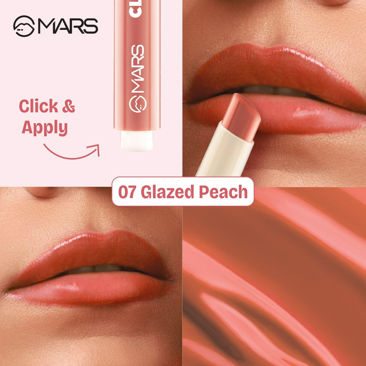 MARS Click Stix Gloss Lip Balm (2.0 gm) (07-GLAZED PEACH) | High Pigmented | Ultra-Glossy Finish | Non-Sticky | Hydration | Enriched with Cocoa Butter