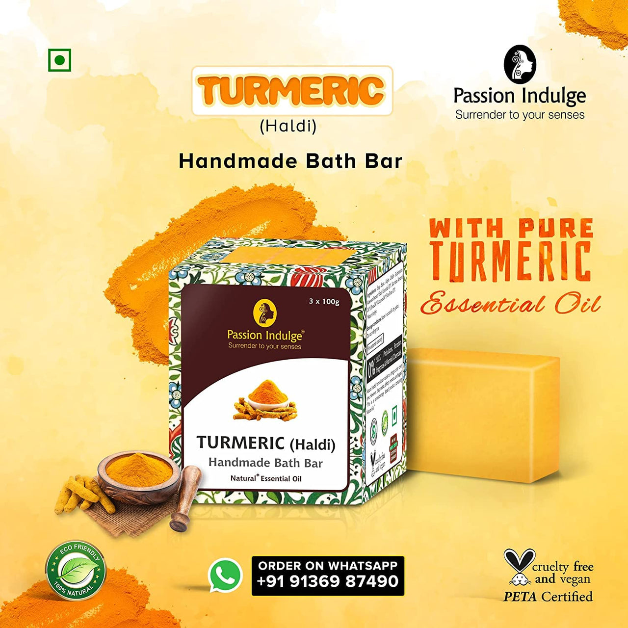 Passion Indulge Handmade Soaps Natural Bath Bar - Sandalwood, Basil (Tulasi) and Turmeric Soap Combo Pack
