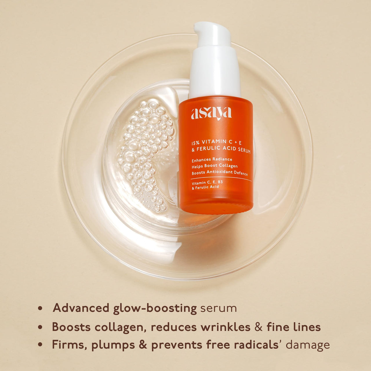 Asaya 15% Vitamin C Face Serum | Brightens Skin, Fades Dark Spots & Boosts Collagen | With Vitamin E for Hydration & Barrier Repair | 3-O-Ethyl Ascorbic Acid & Ferulic Acid | Evens Skin Tone & Lightweight | Non-Greasy, Non-Comedogenic & Non-Irritating | O