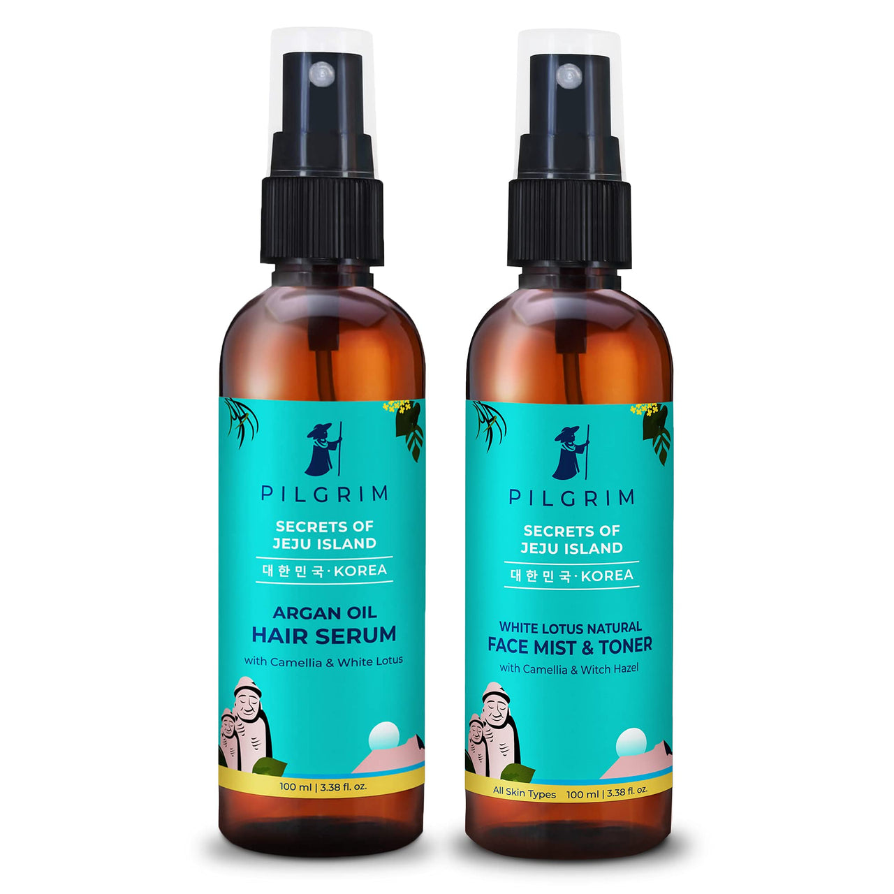 Pilgrim Face Toner & Hair Styling Serum Combo | Hydrates & Nourishes | Fight Frizz & Dryness | White Lotus Natural Face Mist & Toner 100ml | Argan Oil Hair Serum 100ml | Men & Women