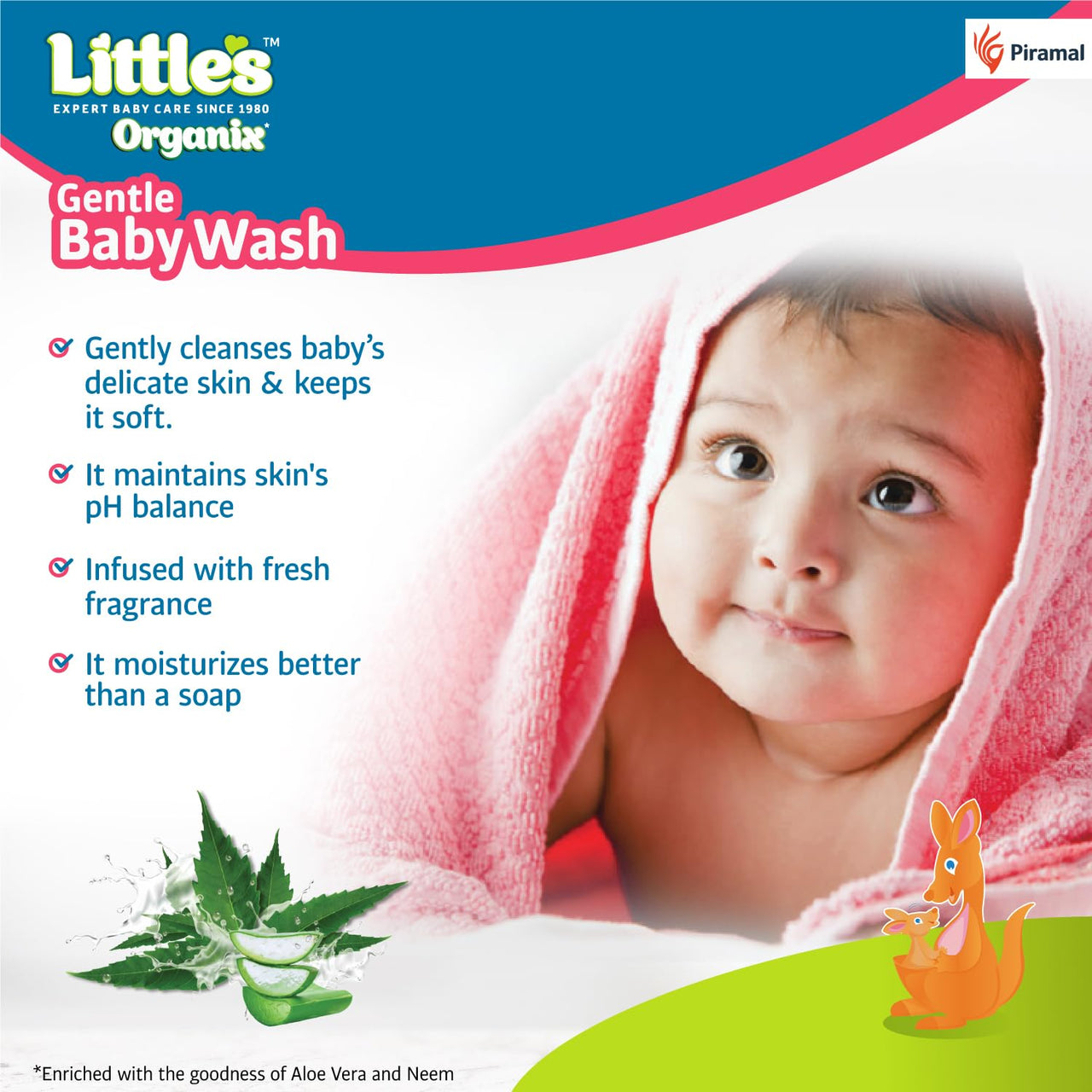 Little's Organix Gentle Baby Wash 400ml - Pump Pack | Dermatologically tested | With Organic Aloe Vera & Neem | pH balanced | All skin types