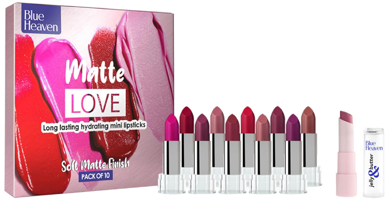 Blue Heaven Matte Love Mini Lipsticks, Jelly & Butter Moisturising Lip Balm Combo of 2