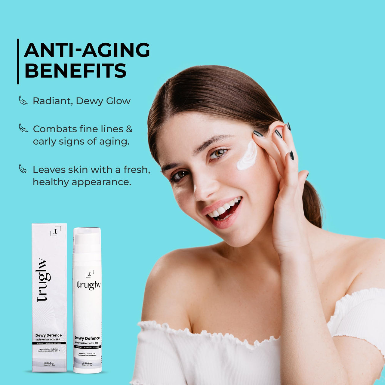 Truglw Dewy Defence Moisturizer with SPF | Hyaluronic Acid, Kojic Acid & Niacinamide | Hydrating, Brightening & Lightweight Sunscreen Moisturizer for Glowing Skin | Non-Sticky & Fast-Absorbing – 50ml