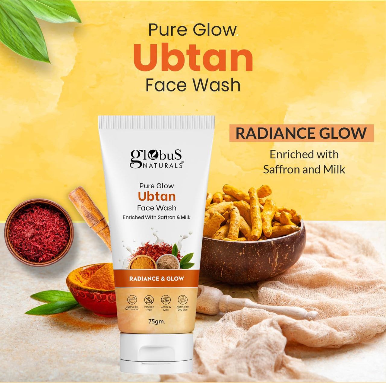 Globus Naturals Pure Glow Ubtan Face Wash, Enriched With Saffron & Milk, For Radiance & GLow, Natural, Gentle & Mild, Suitable For All Skin Types, 75 gm
