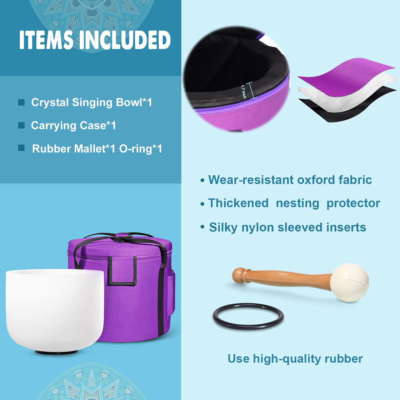 440HZ 8 Inch F Note Heart Chakra Frosted Quartz Crystal Singing Bowl Meditation Therapy Sound Healing Instrument Sound Bath Bowl with Carrying Bag