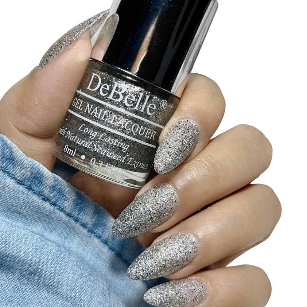 DeBelle Gel Nail Polish Estella (Silver with Black Glitter Sugar Finish Nail Paint)|Non UV - Gel Finish |Chip Resistant | Seaweed Enriched Formula| Long Lasting|Cruelty and Toxic Free| 8ml