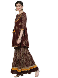 Ishin Women's  Cotton Brown Embellished Peplum Kurta Sharara Dupatta Set