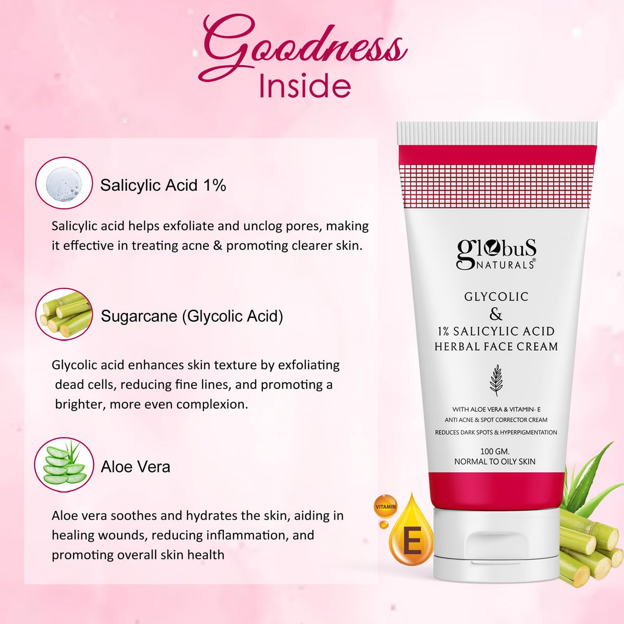 Globus Naturals Glycolic & 1% Salicylic Acid Herbal Anti Acne Face Cream, Enriched with Liquorice & Oats, Reduces Dark spots & Hyperpigmentation, 100 ml, Pack Of 3