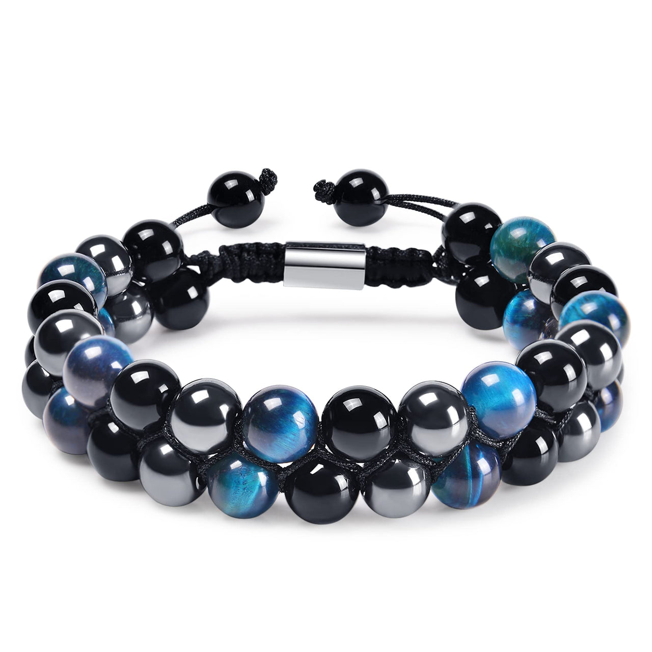 DHQH Triple Protection Bracelet 8/10MM Hematite Black Agate Tigers Eye Stone Bracelet Healing Crystal Natural Stone Bead Bracelets for Men Bring Prosperity Luck B-Blue Triple Bracelet 2