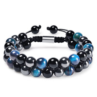 DHQH Triple Protection Bracelet 8/10MM Hematite Black Agate Tigers Eye Stone Bracelet Healing Crystal Natural Stone Bead Bracelets for Men Bring Prosperity Luck B-Blue Triple Bracelet 2