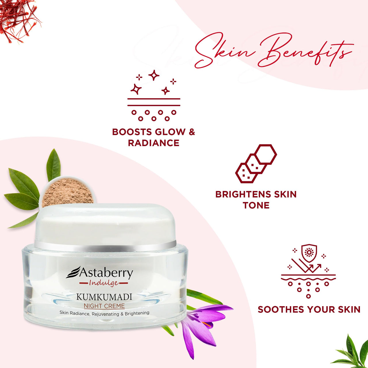Astaberry Indulge Kumkumadi Night Cream for Glowing Skin | Dark Spot Reduction | Rejuvenates Dull Skin | For Normal, Oily, Acne-Prone, Combination Skin | 50 g