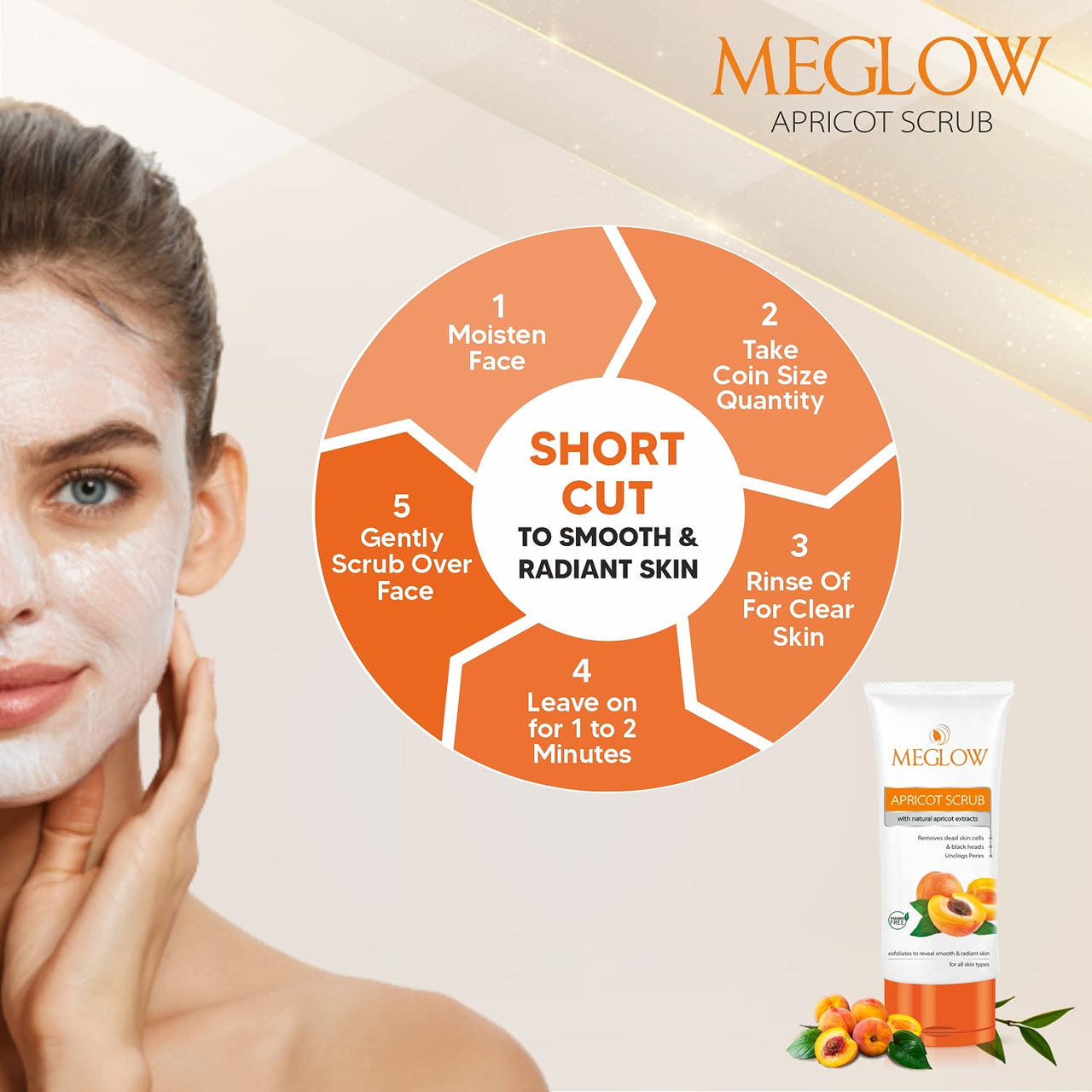 Meglow Skincare Combo Pack of 4- Women's Face Cream (50g) with Vitamin E and Natural Extracts | Instant Glow Face Wash (70g) | Apricot Scrub (70g) with Wallnut Shell Beads| Lip Shiner (15g) For Moisturized Lips | Paraben Free | For Glowing Skin