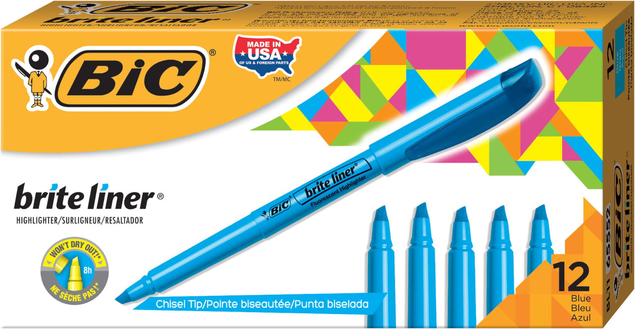 BIC Brite Liner Highlighter, Chisel Tip, Fluorescent Blue Ink, 12 per Pack (BL11-BE) 12 Count (Pack of 1) MARKING