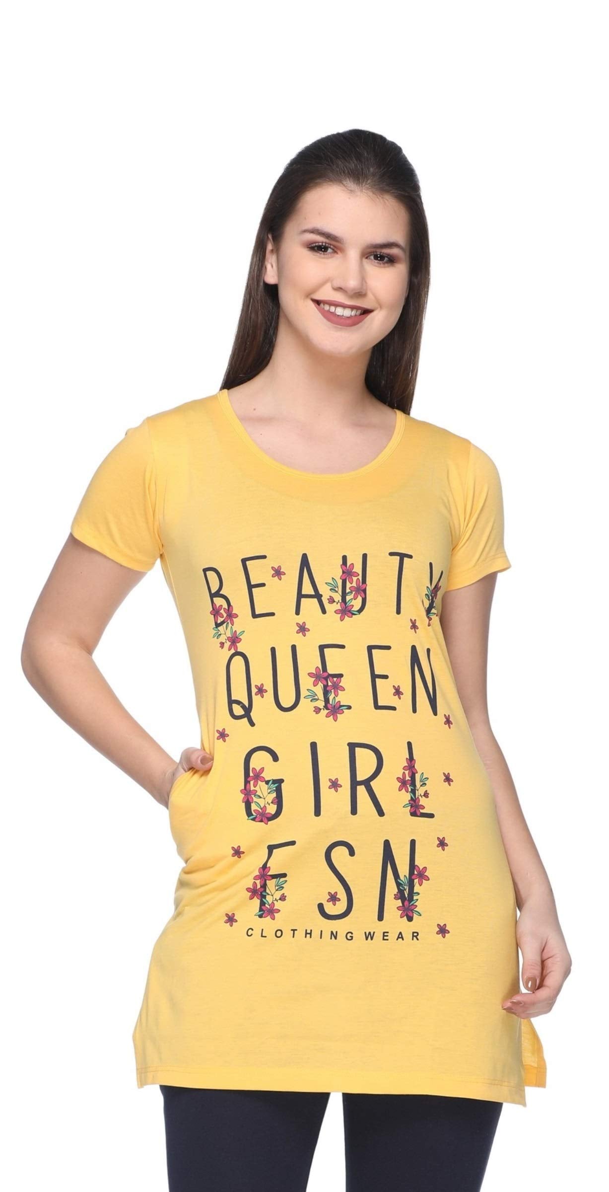 In Love Ladies Long Knee Length Chest Printed Side Slits Tshirts