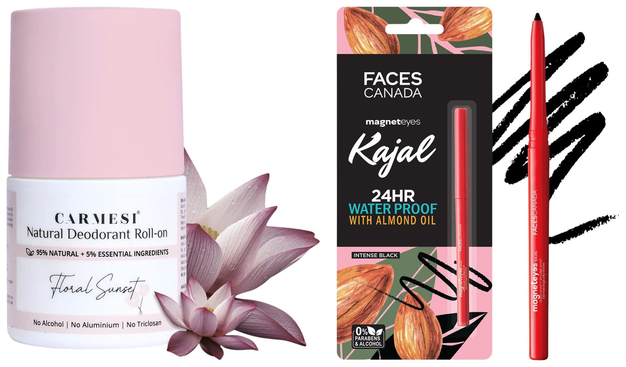 Carmesi Natural UnderArms Roll On Deodorant for Women 50ml and FACES CANADA Magneteyes Kajal - Black, 0.35g AlmondOil & VitaminE