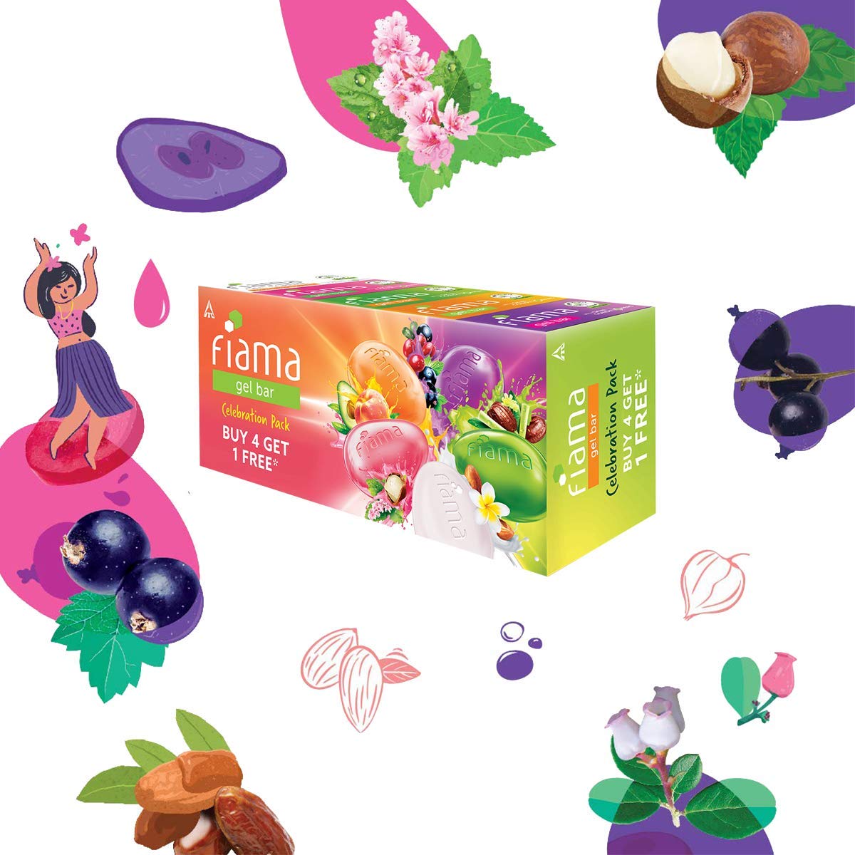 Fiama Gel Bar Celebration Pack With 5 unique Gel Bars & Skin Conditioners For Moisturized Skin, 125g Soap (Buy 4 Get 1 Free) (Pack of 2)