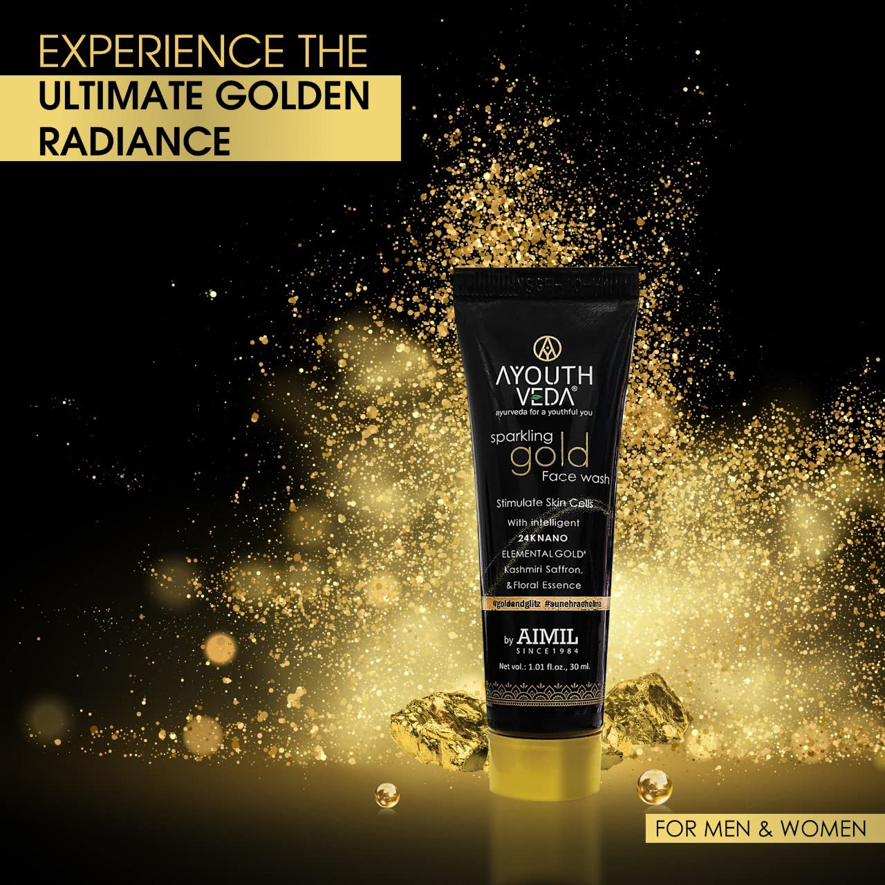 Ayouthveda Sparkling 30 ml Gold Face Wash With 24k Gold & Saffron | Face Wash for Glowing Skin Men and Women | Suitable for Normal & Dry Skin (Pack of 1, 30 Ml)