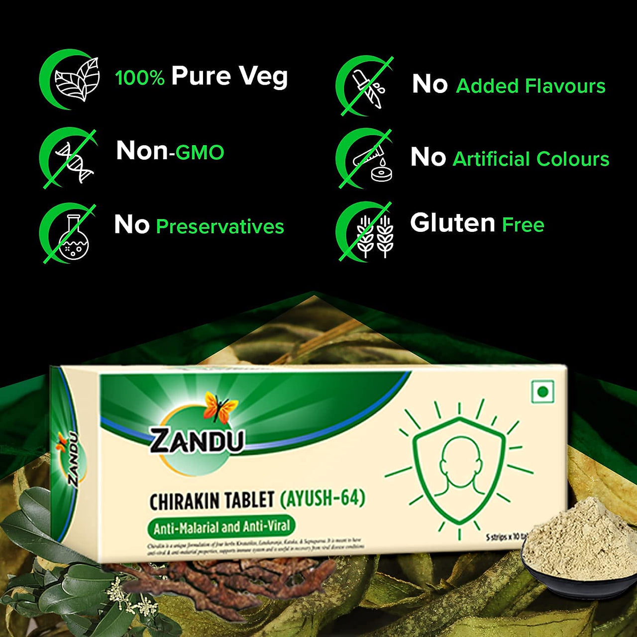 Zandu Chirakin Tablets (Ayush 64), Protection from Infections and Antiviral Properties, Helps in Managing & Building Overall Immunity, Health & Wellness - (Pack of 10 Tablets x 12 Strips)